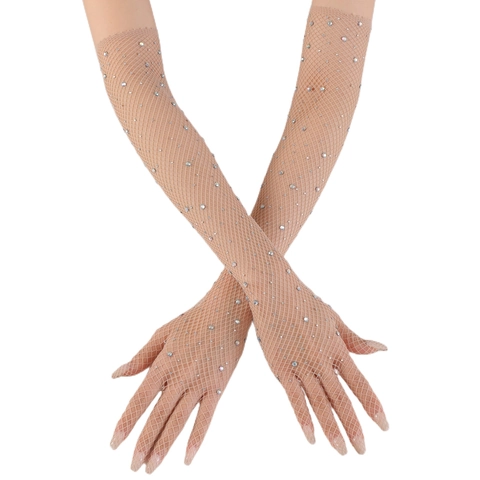 Fishnet Rhinestone Gloves Long Nylon Sparkling Arm Sleeves For Party Club Wedding Elegant Trendy Women
