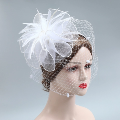 Vintage Wedding Fascinator Hat With Feather Mesh Veil For Women Bridal Hair Accessory Performance Party Cocktail Headband