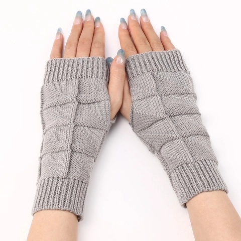Unisex Knitted Fingerless Gloves Winter Warm Acrylic Diamond Pattern Arm Sleeves For Typing Texting Outdoor Soft Mittens
