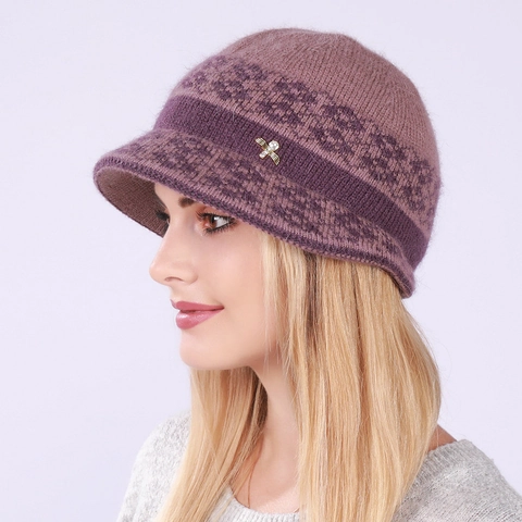 Women Winter Warm Knitted Bucket Hat Faux Rabbit Fur Thickened Jacquard Beanie With Rhinestone Metal Decoration Cold Weather