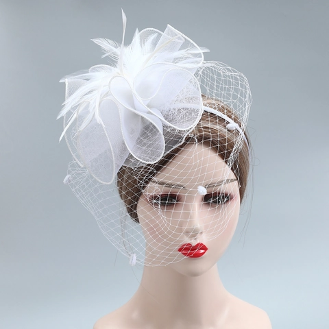 Vintage Wedding Fascinator Hat With Feather Mesh Veil For Women Bridal Hair Accessory Performance Party Cocktail Headband