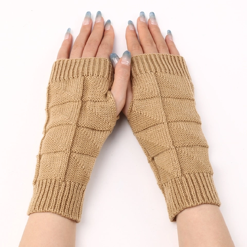 Unisex Knitted Fingerless Gloves Winter Warm Acrylic Diamond Pattern Arm Sleeves For Typing Texting Outdoor Soft Mittens