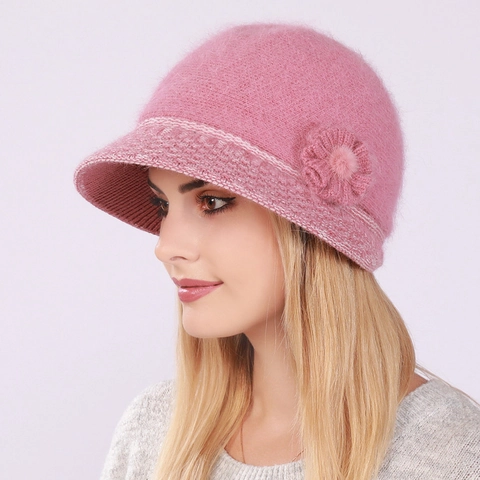 Women's Knitted Beanie Cloche Hat With Flower Decoration Faux Rabbit Fur Thickened Warm Winter Elegant Bucket Hat For Ladies