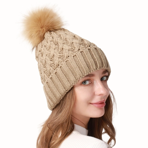 Berretto in Maglia Intrecciata da Donna Invernale Caldo Foderato in Pile Ispessito Con Pompon Moda Protezione dal Freddo Berretto in Acrilico