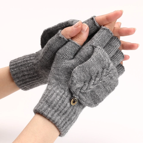 Mitaines à Rabat Torsadées d'Hiver Femme Homme Chaudes en Tricot d'Acrylique Gants Sans Doigts Demi-Doigt Chauffe-Bras Avec Bouton