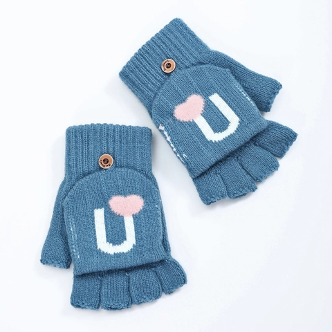 Gants à Rabat Convertibles en Acrylique pour Femmes Cœur Lettre U Hiver Chaud Tricoté Mitaines Demi-Doigts Avec Bouton Mignon Doux Mode