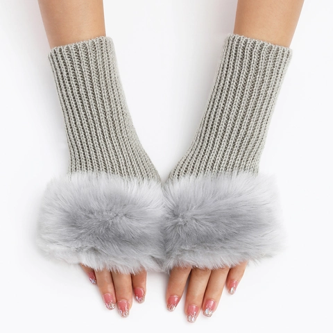 Mitones De Punto De Invierno Para Mujer Con Ribete De Piel Sintética Calentadores De Brazos Acanalados Color Sólido
