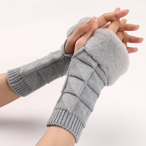 Women Knitted Fingerless Gloves Waffle Triangle Pattern Faux Fur Trim Autumn Winter Warm Soft Elastic Fashion Mittens