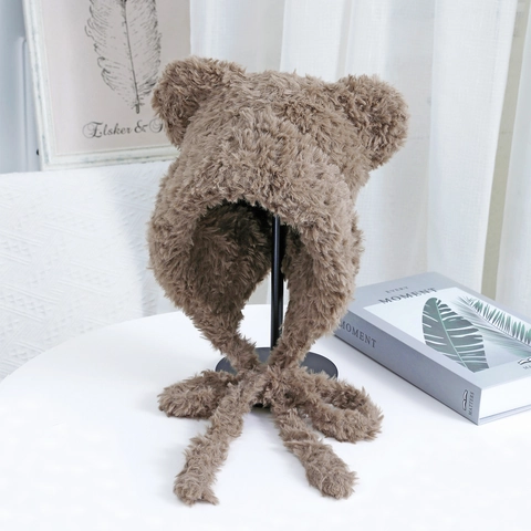 Gorro de Peluche con Orejas de Oso para Mujer Invierno Cálido de Piel Sintética con Orejeras y Correas Largas Color Sólido Kawaii