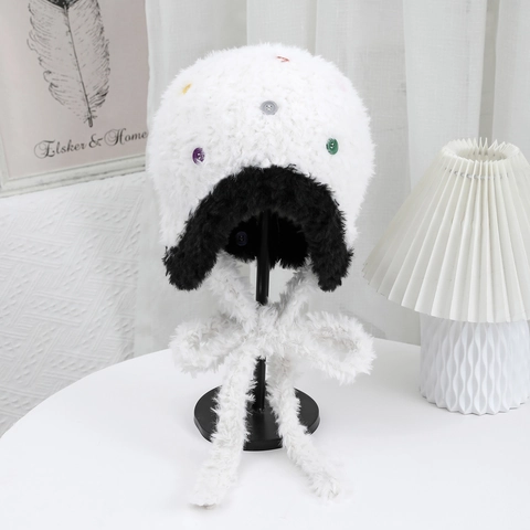 Women's Faux Fur Earflap Beanie Hat Colorful Button Plush Warm Knitted Hat With Straps Cute Windproof Snow Cap Accessory