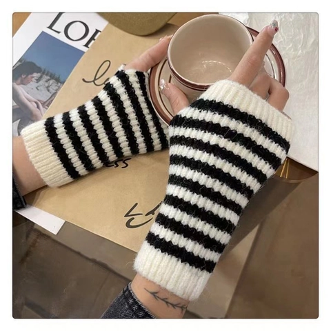 Women Winter Knitted Fingerless Gloves Striped Color Block Arm Warmers Warm Soft Crochet Mitens Wrist Sleeves Fashion Accessories