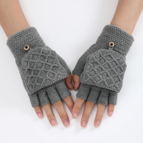 Unisex Knit Flip Top Gloves Winter Warm Half Finger Mittens Rhombus Pattern Acrylic Gloves With Decorative Button