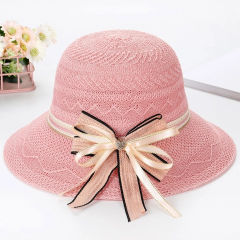 Women Fashion Foldable Woven Sun Hat With Bowknot Rhinestone Wide Brim Cotton Yarn Knitted Beach Straw Hat Summer UV