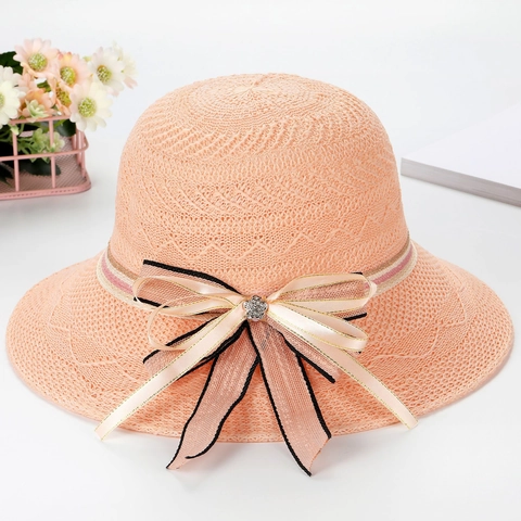 Women Fashion Foldable Woven Sun Hat With Bowknot Rhinestone Wide Brim Cotton Yarn Knitted Beach Straw Hat Summer UV