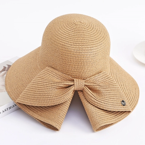 Damen Faltbarer Strohhut Mit Großer Krempe Und Schleife Eleganter Sommer Sonnenhut Mit Metall M Buchstaben Dekor Strandkappe