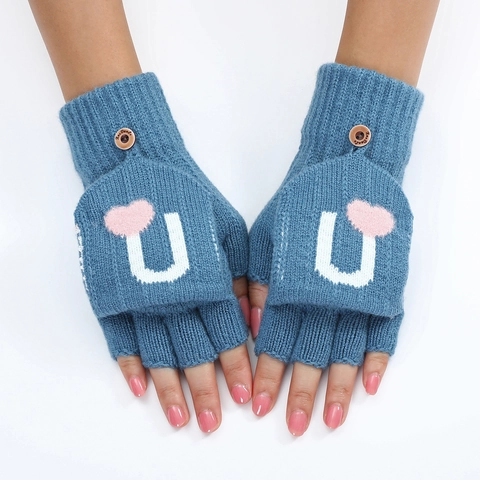Gants à Rabat Convertibles en Acrylique pour Femmes Cœur Lettre U Hiver Chaud Tricoté Mitaines Demi-Doigts Avec Bouton Mignon Doux Mode