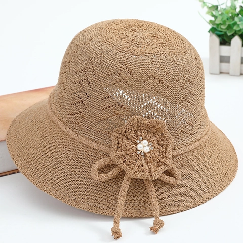 Women Sun Hat Knitted Cotton Breathable UV Protection Foldable Crochet Flower Faux Pearl Rhinestone Elegant Summer Beach Bucket Hat