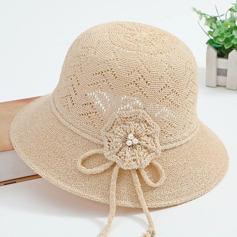 Women Sun Hat Knitted Cotton Breathable UV Protection Foldable Crochet Flower Faux Pearl Rhinestone Elegant Summer Beach Bucket Hat