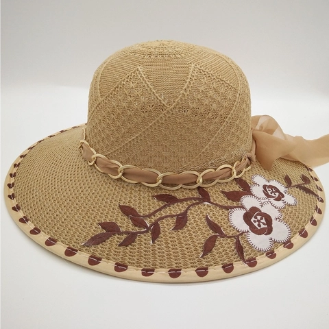 Women Wide Brim Sun Hat With Flower Embroidery Bowknot Metal Chain Summer Foldable Cotton Linen Knitted Beach Sun Hat