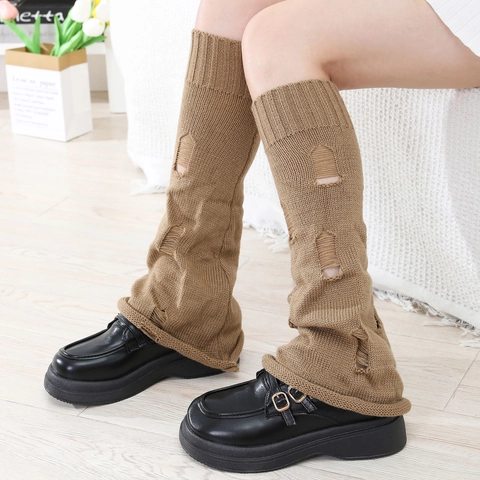 Women Y2K Distressed Knit Leg Warmers Flared Slouchy Boot Cuffs Harajuku Grunge Distressed Stockings Accessory