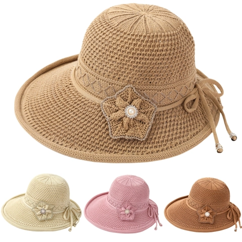 Women's Elegant Cotton Thread Knitted Sun Hat Foldable Wide Brim Breathable Summer Beach Travel Mother Grandma Flower Hat