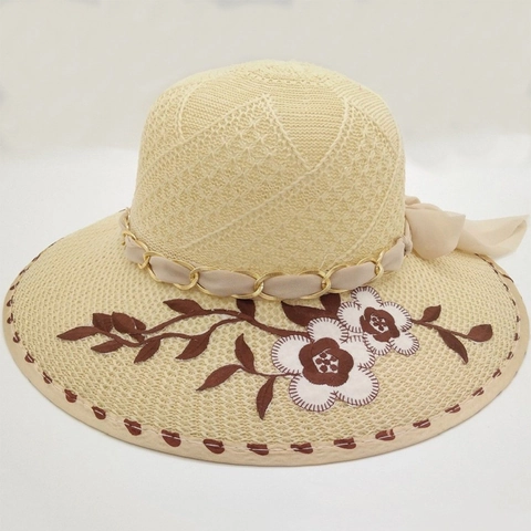 Women Wide Brim Sun Hat With Flower Embroidery Bowknot Metal Chain Summer Foldable Cotton Linen Knitted Beach Sun Hat