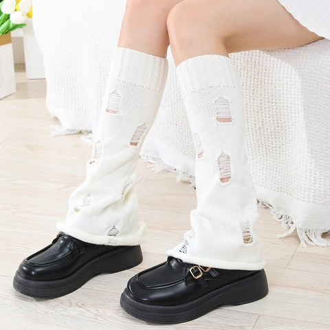 Women Y2K Distressed Knit Leg Warmers Flared Slouchy Boot Cuffs Harajuku Grunge Distressed Stockings Accessory
