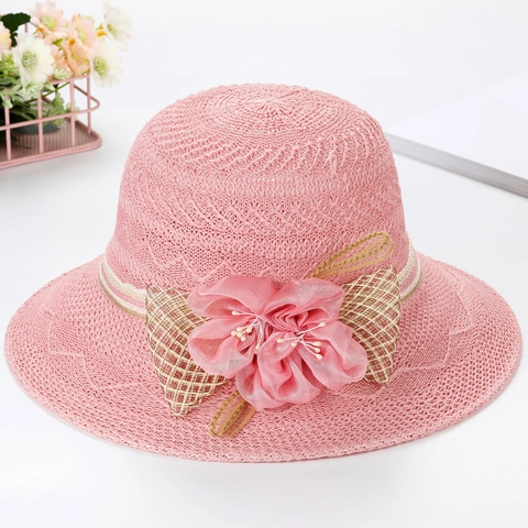 Women's Elegant Cotton Knit Sun Hat Foldable Wide Brim Beach Hat With Large Flower And Plaid Bow Summer Breathable Travel Hat