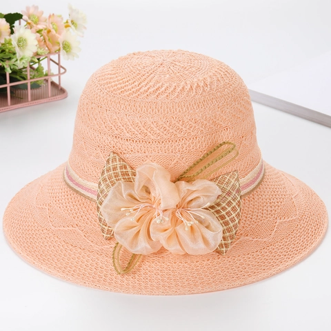 Women's Elegant Cotton Knit Sun Hat Foldable Wide Brim Beach Hat With Large Flower And Plaid Bow Summer Breathable Travel Hat