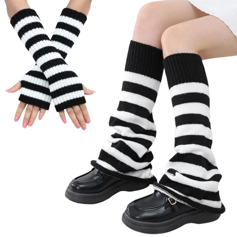 Knitted Leg Warmer And Arm Sleeve Acrylic Striped Y2K Slouch Socks Fingerless Gloves For Women Autumn Winter Accessory