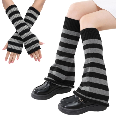 Knitted Leg Warmer And Arm Sleeve Acrylic Striped Y2K Slouch Socks Fingerless Gloves For Women Autumn Winter Accessory