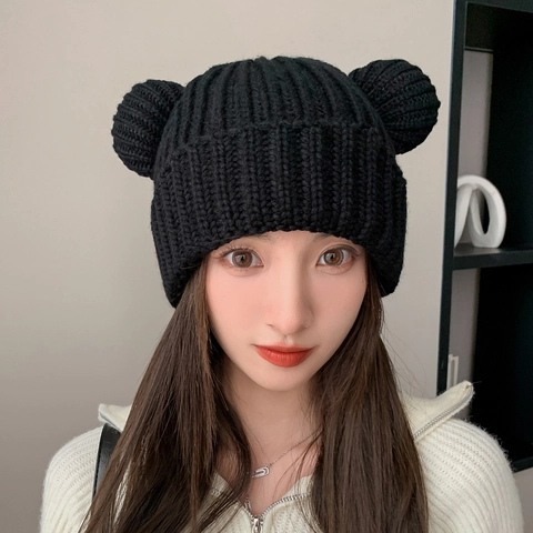 Cute Bear Ears Knitted Beanie Hat For Women Thickened Warm Winter Acrylic Crochet Skull Cap Fashion Outdoor Windproof Beanie