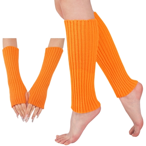 Women Ribbed Knitted Leg Warmers Arm Warmers Neon Solid Color Acrylic Long Fingerless Gloves Thermal Boot Cuffs Socks Y2K Accessories