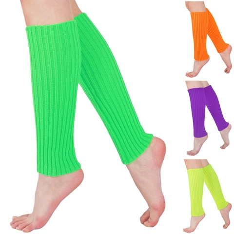 Women Ribbed Knit Leg Warmers Solid Color Neon Fluorescent Winter Warm Long Socks For Dance Performance Costume Accessories