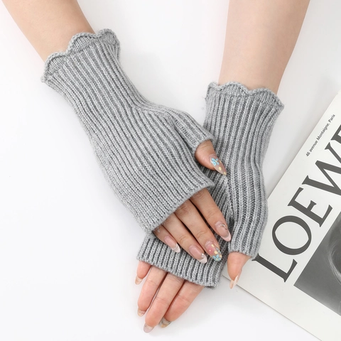Guanti in Maglia Senza Dita da Donna Autunno Inverno Caldi Mezze Dita Con Bordo a Smerlo Scaldamuscoli a Coste per Scrivere Ufficio