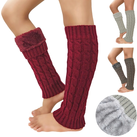Women Cable Knit Leg Warmers Fleece Lined Winter Faux Fur Trim Thick Knit Thermal Boot Cuffs Warm Crochet Legwarmers