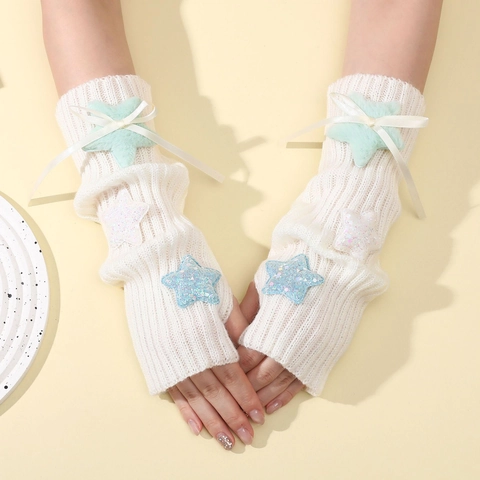 Women Y2K Star Knitted Arm Sleeves Sweet JK Fingerless Gloves With Plush Star Satin Ribbon Bow Aesthetic Winter Warm Hand Warmer