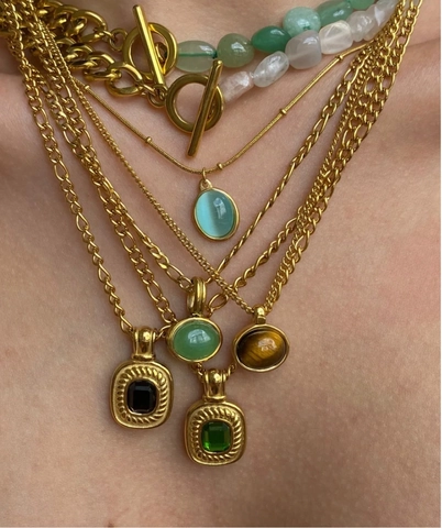 French Vintage 18K Gold Plated Stainless Steel Rectangle Semi-precious Stone Pendant Necklace For Women Elegant Retro Jewelry