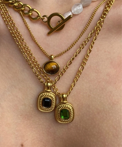French Vintage 18K Gold Plated Stainless Steel Rectangle Semi-precious Stone Pendant Necklace For Women Elegant Retro Jewelry