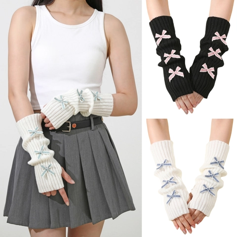 Women Knit Arm Warmers Fingerless Gloves Ribbon Bows Y2K Preppy Style Warm Ribbed Slouchy Winter Sleeve Covers