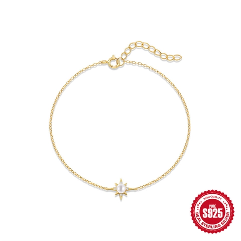 Bracelet en Argent Sterling 925 avec Künstliche Perle et Octagramme pour Femme Plaqué Or Étoile Zirconium Design de Niche Bijou de Main