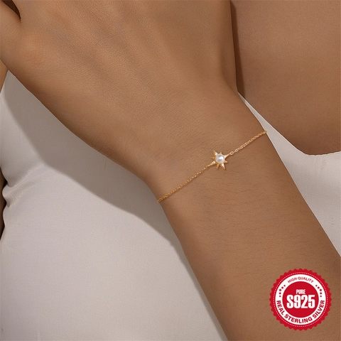 Bracelet en Argent Sterling 925 avec Künstliche Perle et Octagramme pour Femme Plaqué Or Étoile Zirconium Design de Niche Bijou de Main