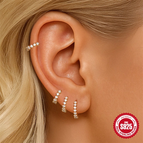 925 Sterling Silver Single Row Zirconia Cartilage Hoop Earrings Gold Plated Minimalist Ear Bone Clip Jewelry For Women