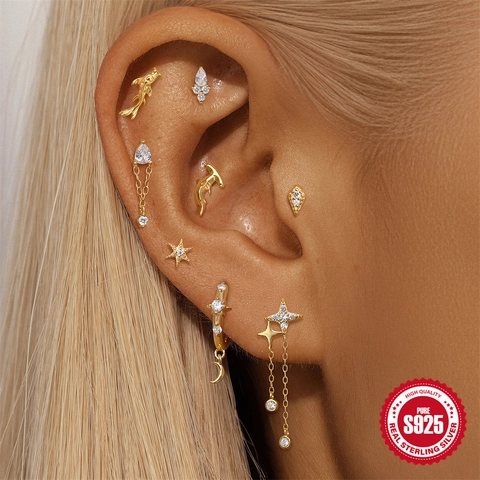 925 Sterling Silver Stud Earrings Goldfish Star Eight-Pointed Star Zirconia Inlaid Flat Back Thread Piercing Ear Bone Studs For Women Unisex Jewelry