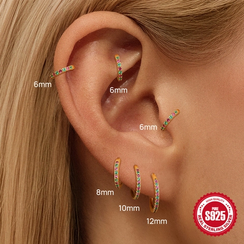 S925 Sterling Silver Multi Color Zirconia Ear Cartilage Hoop Earrings Gold Plated Huggie Hoops For Women Piercing Jewelry