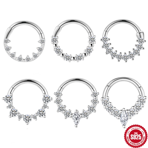 925 Sterling Silver Moissanite Cartilage Piercing Hoop Earring For Women Luxury Zirconia Inlaid Hinged Segment Clicker Septum Daith Jewelry
