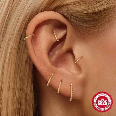 925 Sterling Silver Beaded Hoop Earrings Gold Plated Minimalist Ear Cartilage Rings Tiny Dot Studs For Women Piercing Jewelry