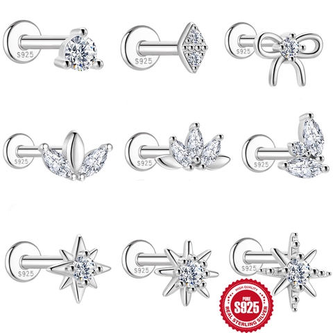925 Sterling Silver Moissanite Piercing Studs Flat Back Cartilage Earrings Star Bow Leaf Marquise Tiny Jewelry For Women