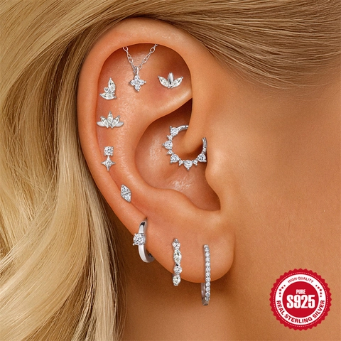 925 Sterling Silver Moissanite Piercing Studs Flat Back Cartilage Earrings Star Bow Leaf Marquise Tiny Jewelry For Women