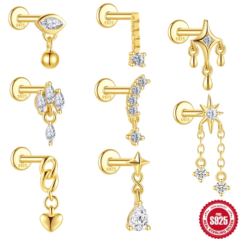 925 Sterling Silver Piercing Cartilage Stud Earrings Zirconia Inlaid Gold Plated Flat Back Internal Thread Helix Lip Ear Stud Jewelry For Women Men